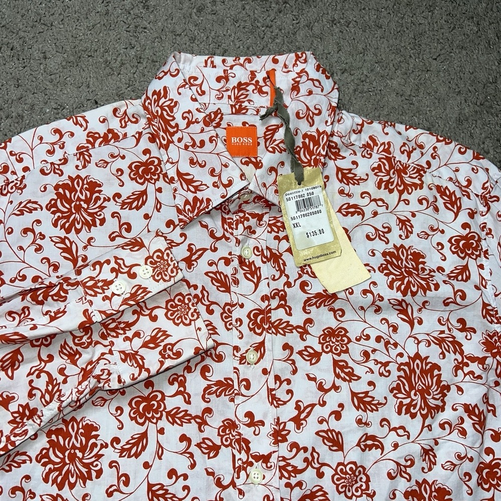 NWT BOSS Hugo Boss Button Up Shirt Mens 2XL White Floral Cotton